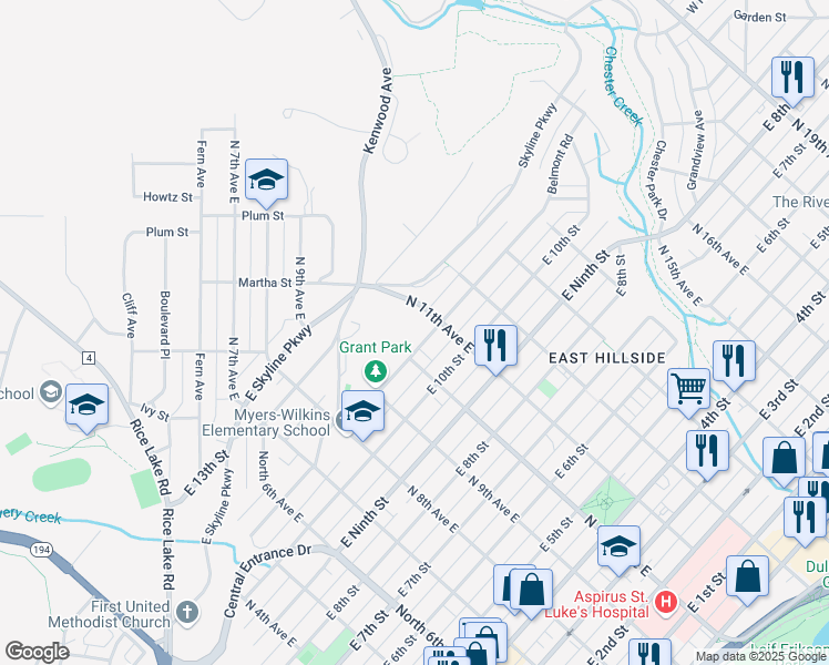 map of restaurants, bars, coffee shops, grocery stores, and more near 1111 North 11th Avenue East in Duluth