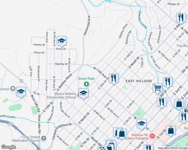 map of restaurants, bars, coffee shops, grocery stores, and more near 1111 North 11th Avenue East in Duluth