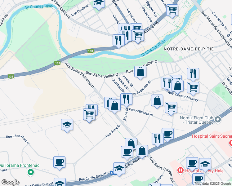 map of restaurants, bars, coffee shops, grocery stores, and more near 1270 Rue des Ardennes in Ville de Québec