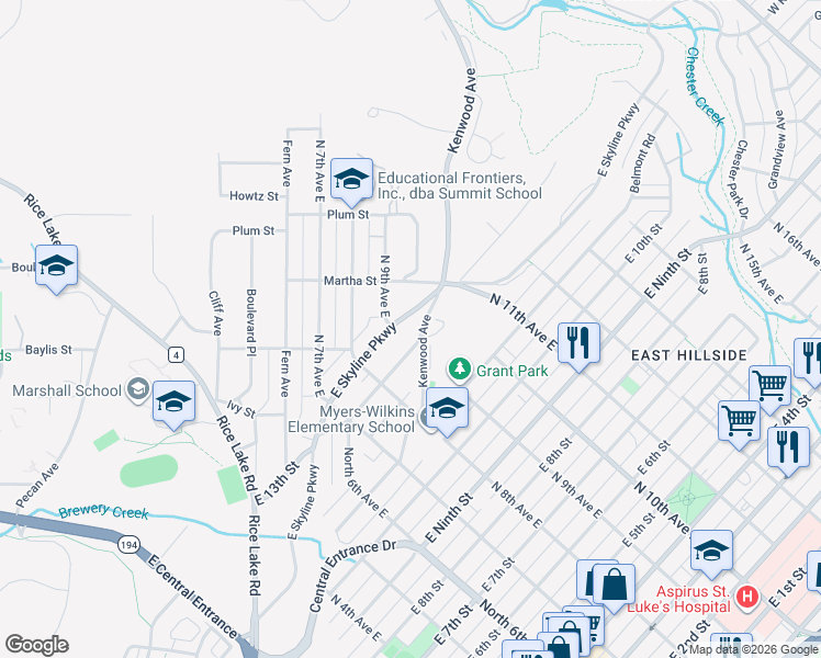 map of restaurants, bars, coffee shops, grocery stores, and more near 908 East Skyline Parkway in Duluth