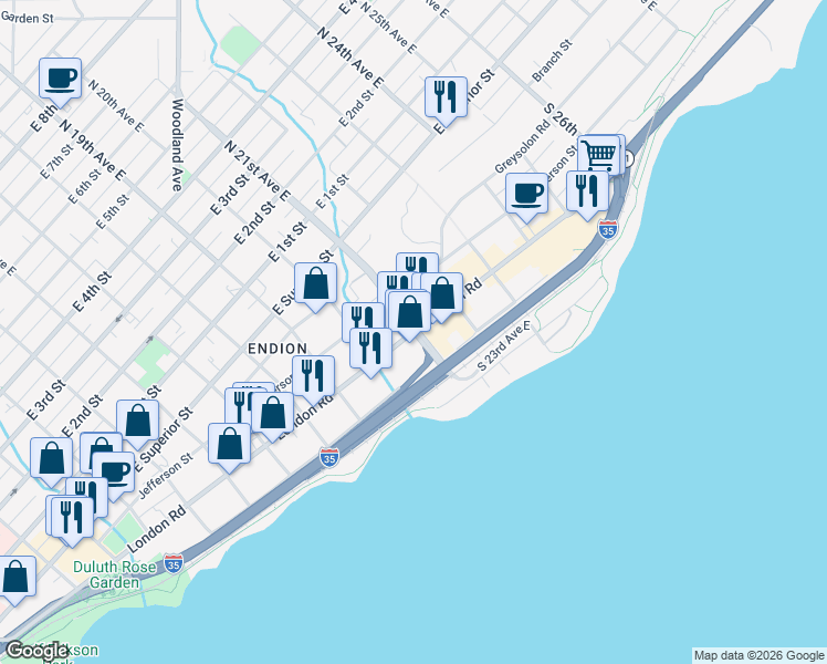 map of restaurants, bars, coffee shops, grocery stores, and more near 2099 London Road in Duluth