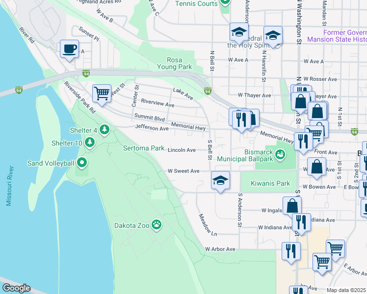 map of restaurants, bars, coffee shops, grocery stores, and more near 908 Lincoln Avenue in Bismarck