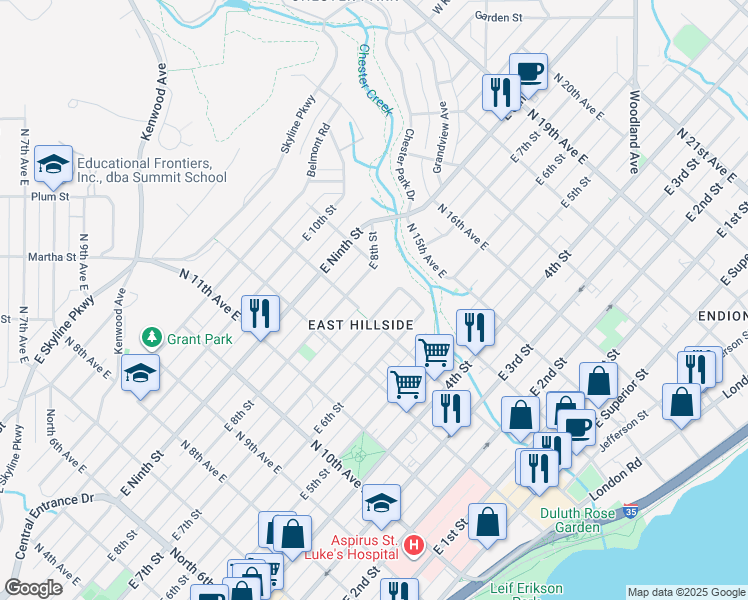 map of restaurants, bars, coffee shops, grocery stores, and more near 1311 East 7th Street in Duluth