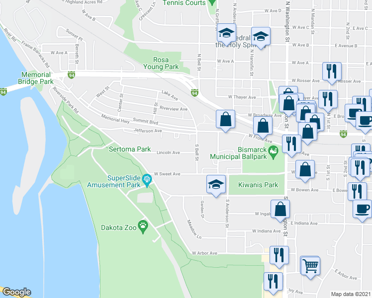 map of restaurants, bars, coffee shops, grocery stores, and more near 820 Lincoln Avenue in Bismarck
