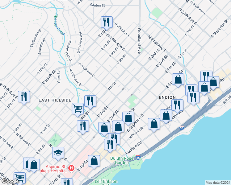 map of restaurants, bars, coffee shops, grocery stores, and more near 302 North 16th Avenue East in Duluth