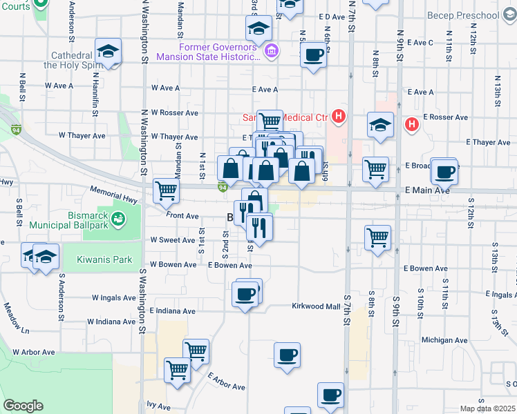 map of restaurants, bars, coffee shops, grocery stores, and more near 400 East Front Avenue in Bismarck