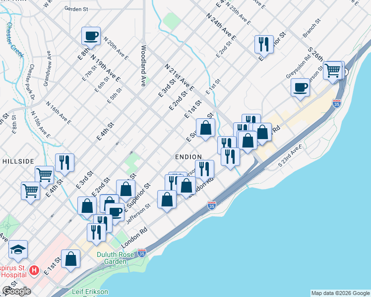 map of restaurants, bars, coffee shops, grocery stores, and more near in Duluth
