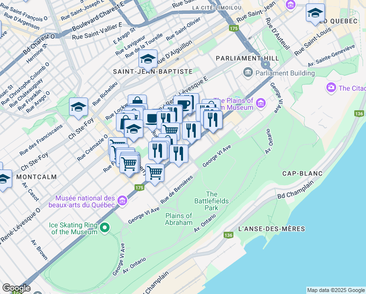 map of restaurants, bars, coffee shops, grocery stores, and more near 388 Grande Allée Est in Ville de Québec