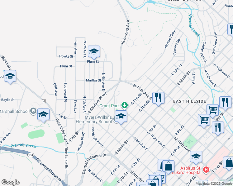 map of restaurants, bars, coffee shops, grocery stores, and more near 312 Kenwood Avenue in Duluth