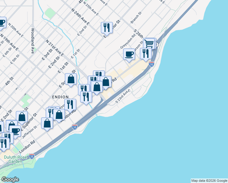 map of restaurants, bars, coffee shops, grocery stores, and more near 527 South 22nd Avenue East in Duluth