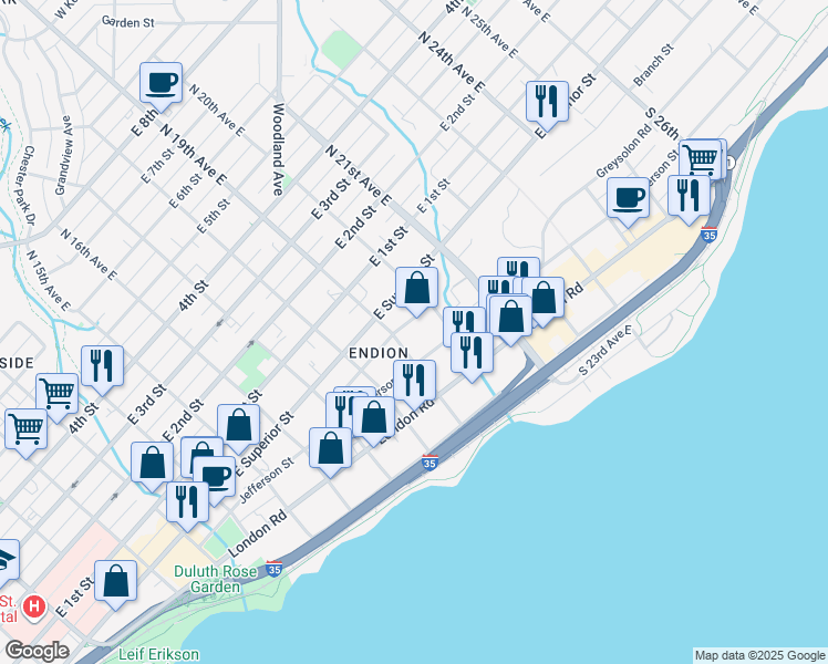 map of restaurants, bars, coffee shops, grocery stores, and more near 1912 Greysolon Road in Duluth