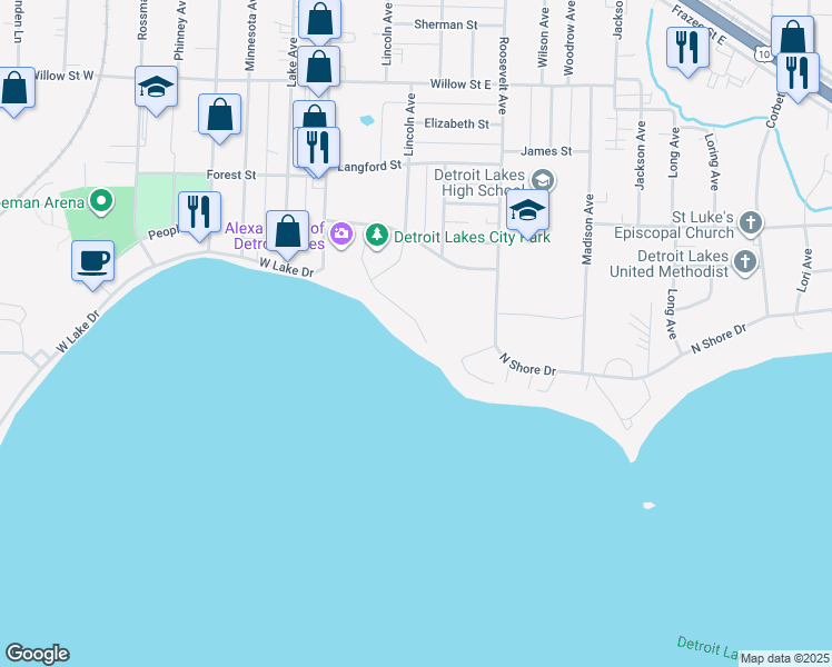 map of restaurants, bars, coffee shops, grocery stores, and more near 321 Park Lake Boulevard in Detroit Lakes