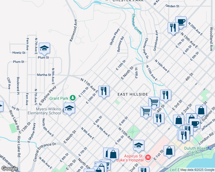 map of restaurants, bars, coffee shops, grocery stores, and more near 919 North 12th Avenue East in Duluth
