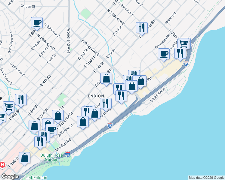 map of restaurants, bars, coffee shops, grocery stores, and more near 1932 Jefferson Street in Duluth
