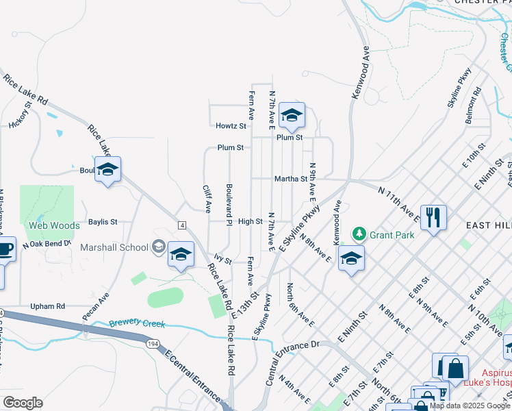 map of restaurants, bars, coffee shops, grocery stores, and more near 1403 Fern Avenue in Duluth