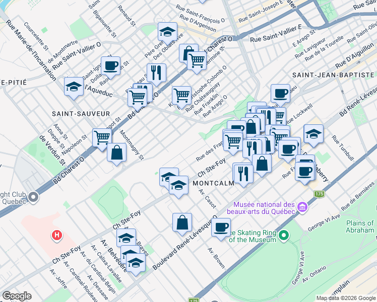 map of restaurants, bars, coffee shops, grocery stores, and more near 377 Rue Jeanne d'Arc in Québec