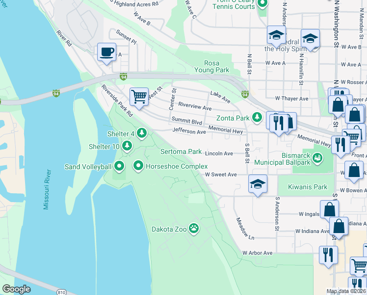 map of restaurants, bars, coffee shops, grocery stores, and more near 1046 Lincoln Avenue in Bismarck