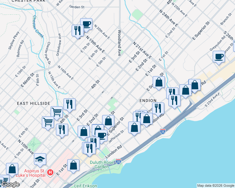 map of restaurants, bars, coffee shops, grocery stores, and more near 1702 East 2nd Street in Duluth