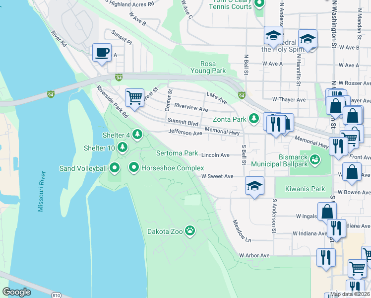 map of restaurants, bars, coffee shops, grocery stores, and more near 1046 Lincoln Avenue in Bismarck