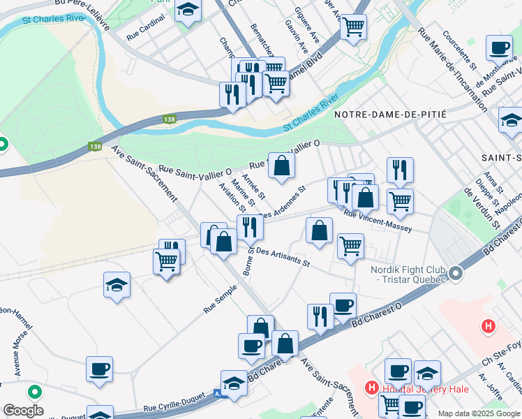 map of restaurants, bars, coffee shops, grocery stores, and more near 175 Rue de la Marine in Ville de Québec