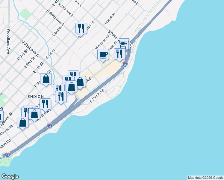 map of restaurants, bars, coffee shops, grocery stores, and more near 2330 East Water Street in Duluth