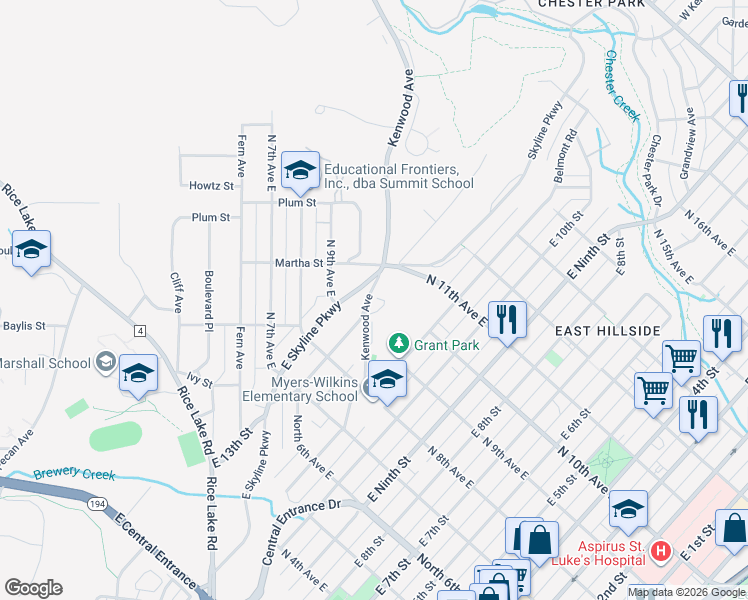 map of restaurants, bars, coffee shops, grocery stores, and more near 312 Kenwood Avenue in Duluth