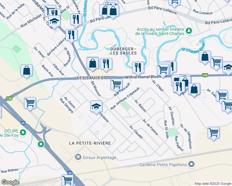 map of restaurants, bars, coffee shops, grocery stores, and more near 3770 Rue Foucault in Ville de Québec