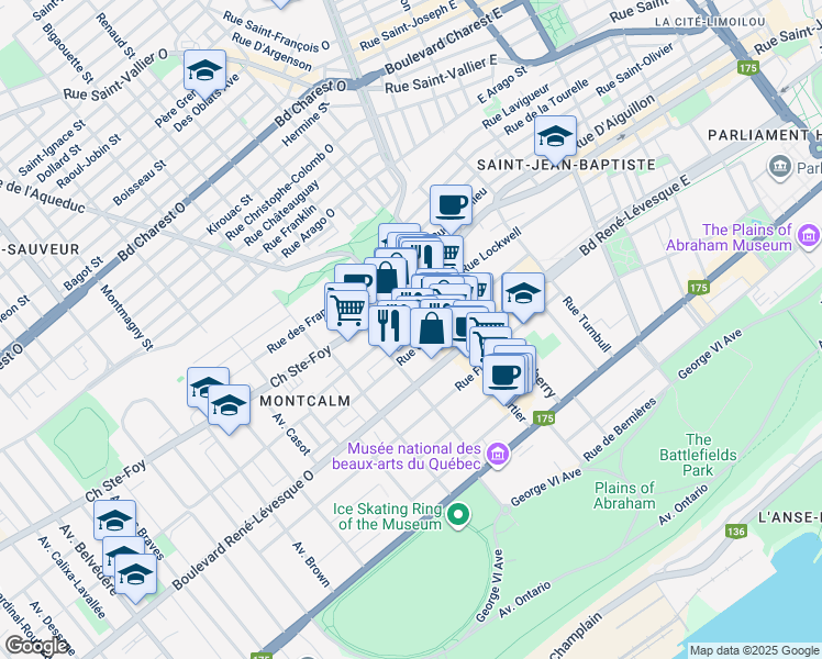 map of restaurants, bars, coffee shops, grocery stores, and more near 140 Rue Saint Laurent in Québec City