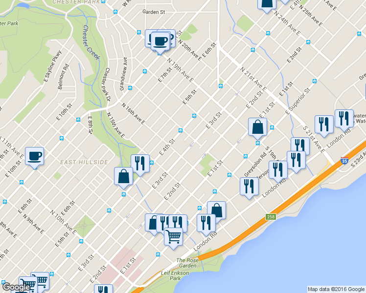map of restaurants, bars, coffee shops, grocery stores, and more near in Duluth