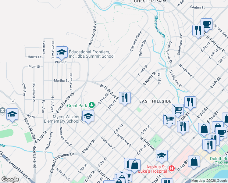 map of restaurants, bars, coffee shops, grocery stores, and more near 1103 East 10th Street in Duluth