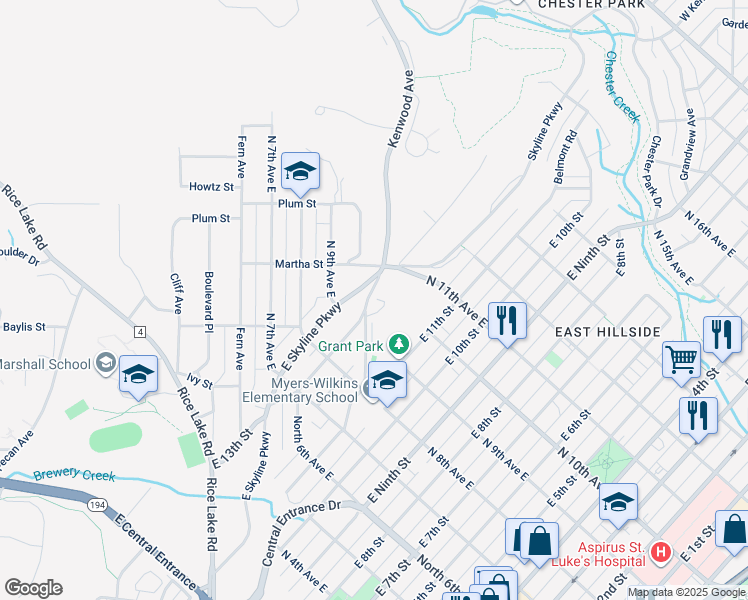 map of restaurants, bars, coffee shops, grocery stores, and more near 312 Kenwood Avenue in Duluth