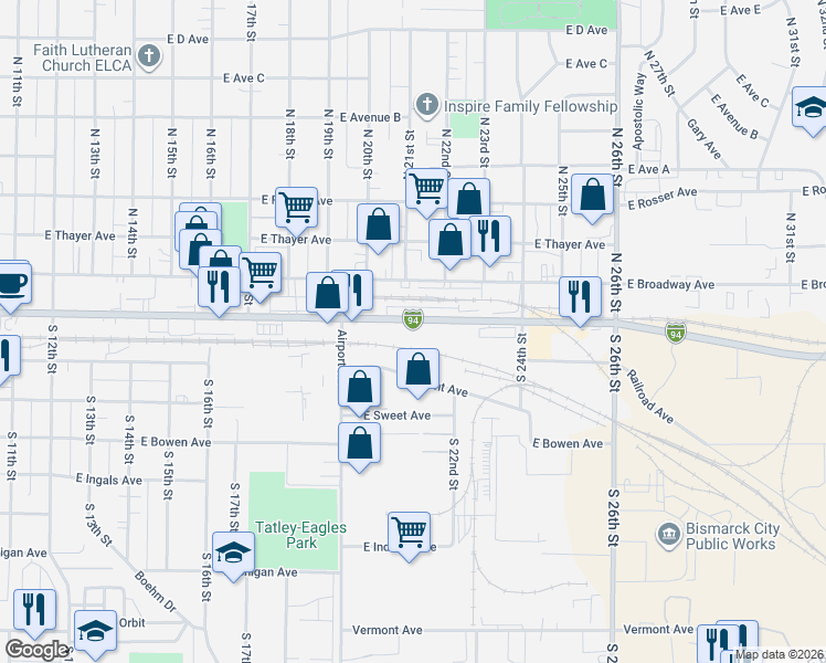 map of restaurants, bars, coffee shops, grocery stores, and more near 2117 East Main Avenue in Bismarck