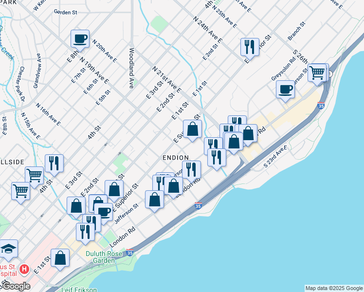 map of restaurants, bars, coffee shops, grocery stores, and more near 16 South 19th Avenue East in Duluth