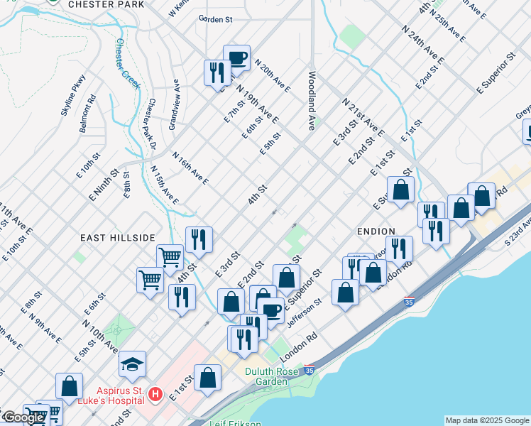 map of restaurants, bars, coffee shops, grocery stores, and more near 1617 East 3rd Street in Duluth