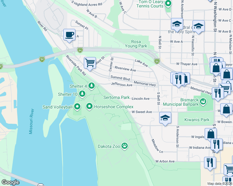 map of restaurants, bars, coffee shops, grocery stores, and more near 1046 Lincoln Avenue in Bismarck