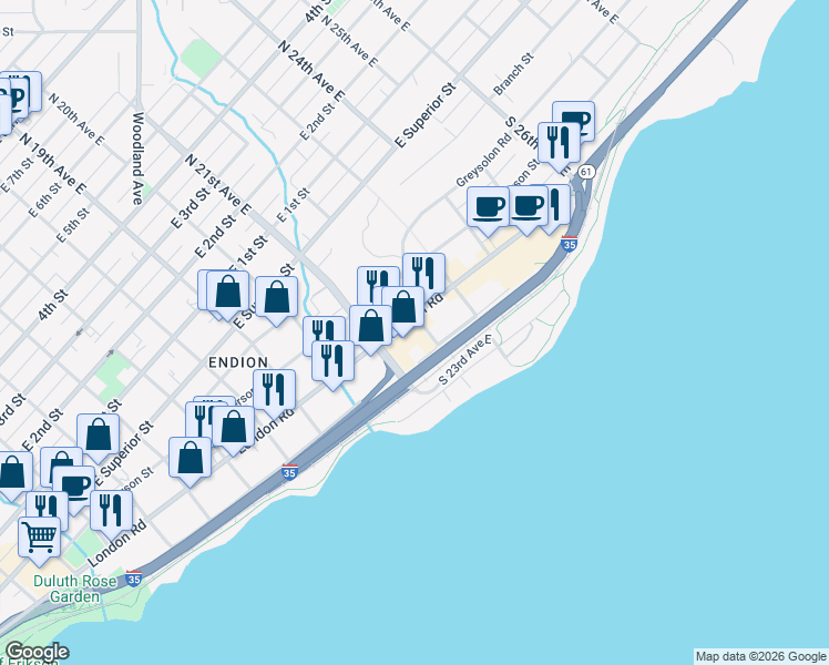 map of restaurants, bars, coffee shops, grocery stores, and more near 527 South 22nd Avenue East in Duluth