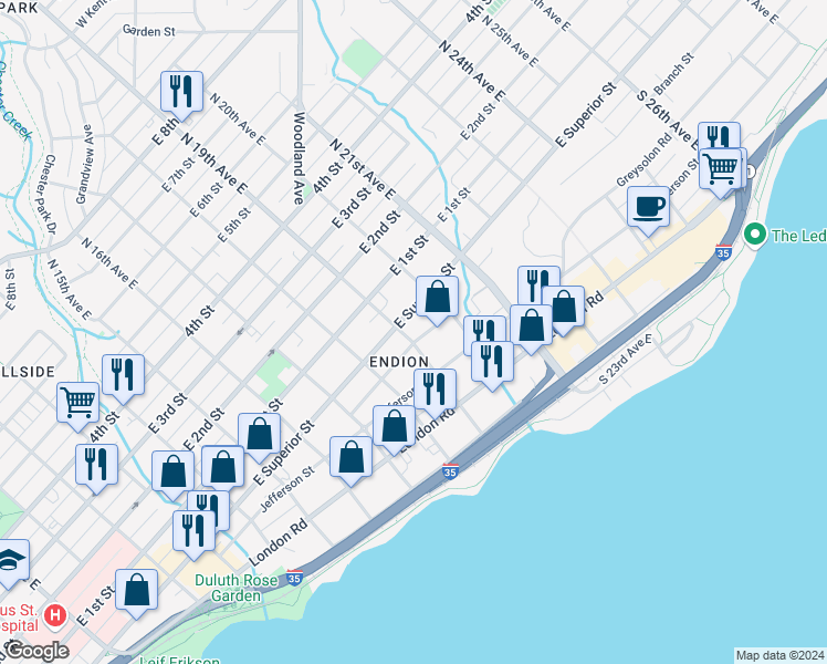 map of restaurants, bars, coffee shops, grocery stores, and more near in Duluth