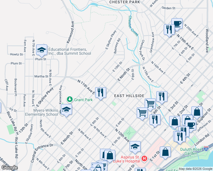 map of restaurants, bars, coffee shops, grocery stores, and more near 919 North 12th Avenue East in Duluth