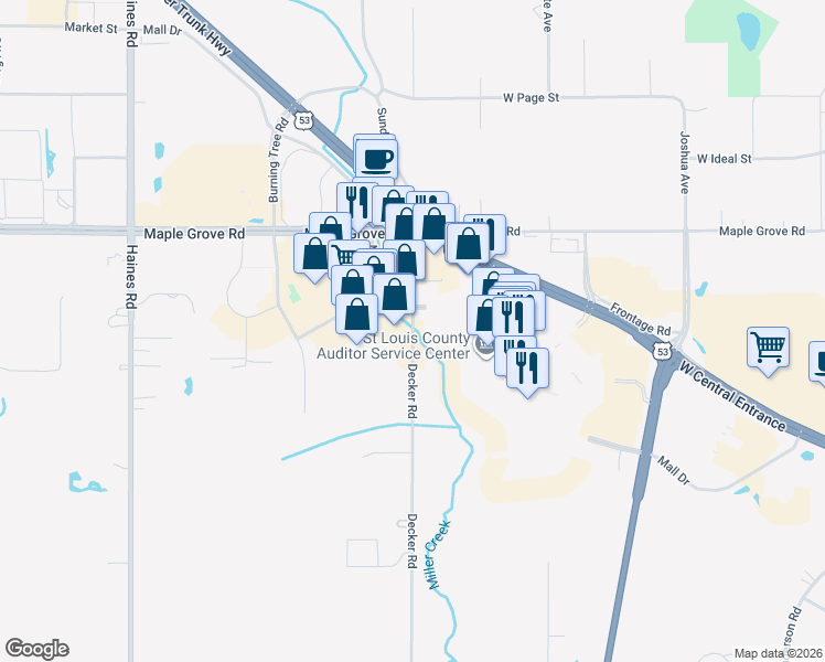 map of restaurants, bars, coffee shops, grocery stores, and more near 1700 Mall Drive in Duluth