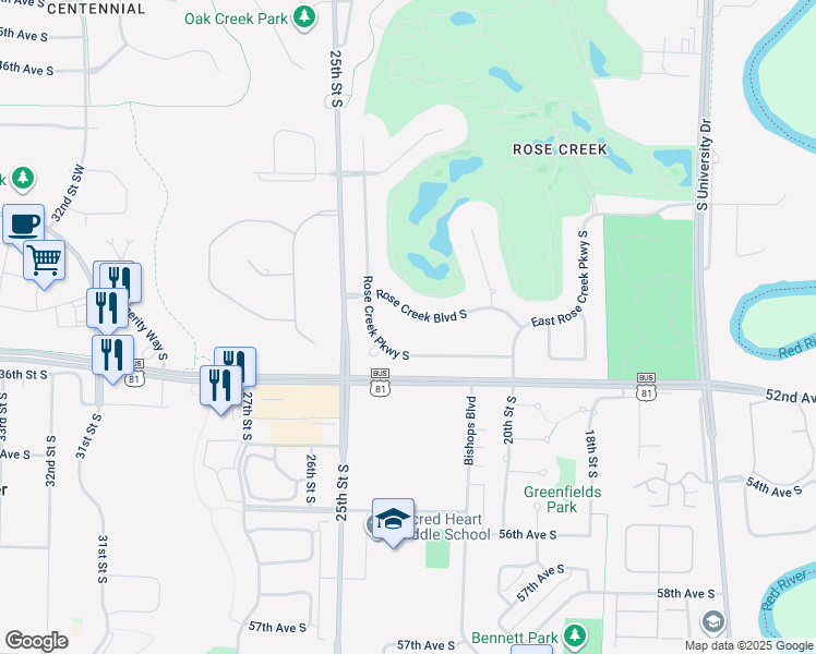 map of restaurants, bars, coffee shops, grocery stores, and more near 5040 Rose Creek Pkwy S in Fargo