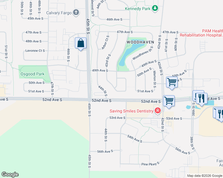 map of restaurants, bars, coffee shops, grocery stores, and more near 5156 44th Avenue South in Fargo