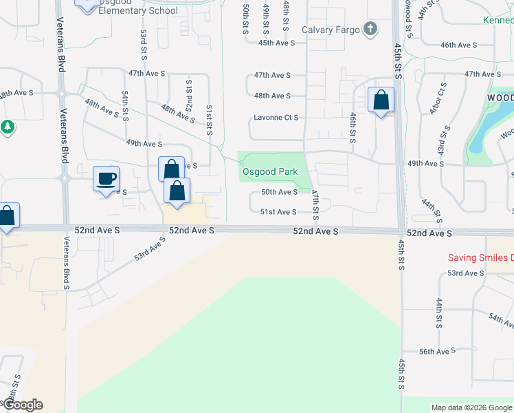 map of restaurants, bars, coffee shops, grocery stores, and more near 4834 51st Avenue South in Fargo