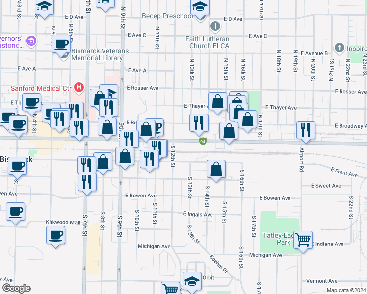 map of restaurants, bars, coffee shops, grocery stores, and more near 1216 East in Bismarck