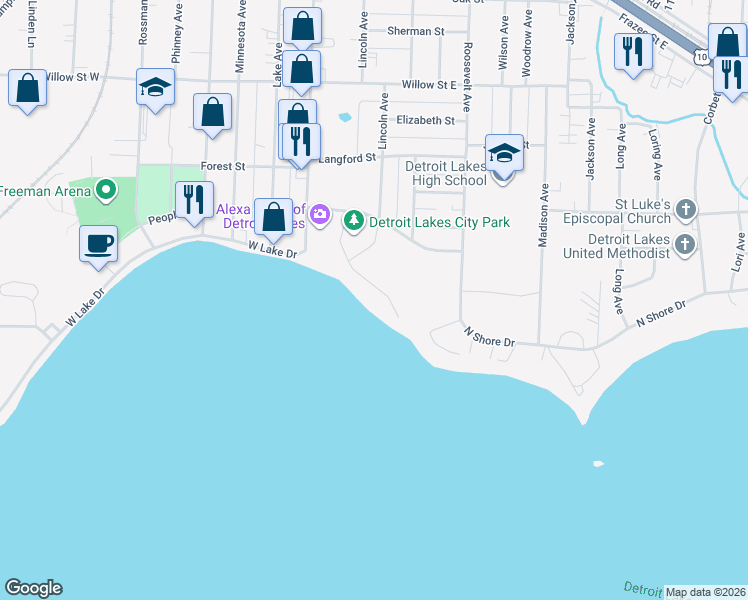 map of restaurants, bars, coffee shops, grocery stores, and more near 321 Park Lake Boulevard in Detroit Lakes
