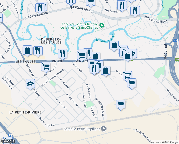 map of restaurants, bars, coffee shops, grocery stores, and more near 965 Avenue Newton in Québec