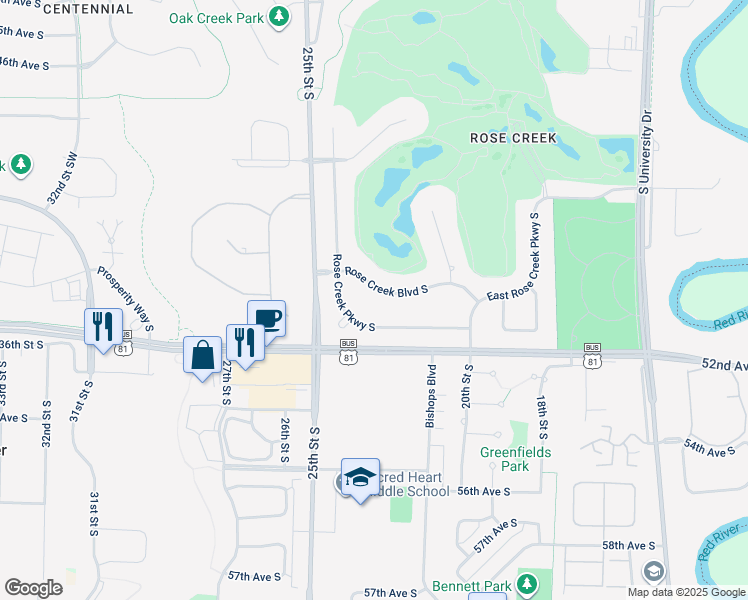 map of restaurants, bars, coffee shops, grocery stores, and more near 5040 Rose Creek Pkwy S in Fargo