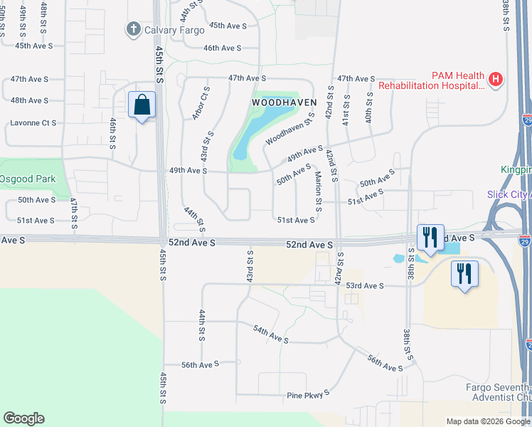 map of restaurants, bars, coffee shops, grocery stores, and more near 5068 S Loden Ct in Fargo
