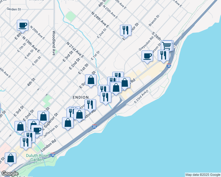 map of restaurants, bars, coffee shops, grocery stores, and more near 2015 London Road in Duluth
