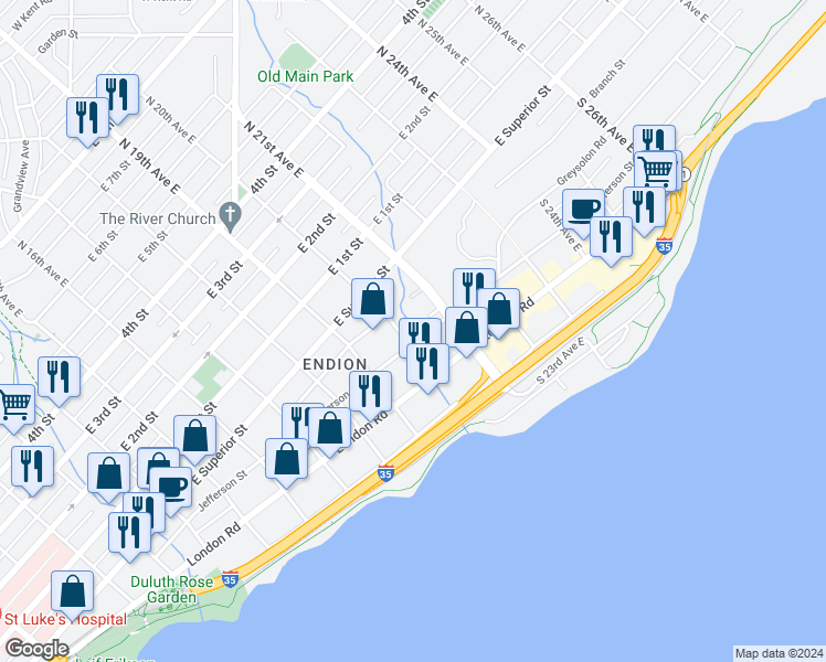 map of restaurants, bars, coffee shops, grocery stores, and more near 1932 Jefferson Street in Duluth