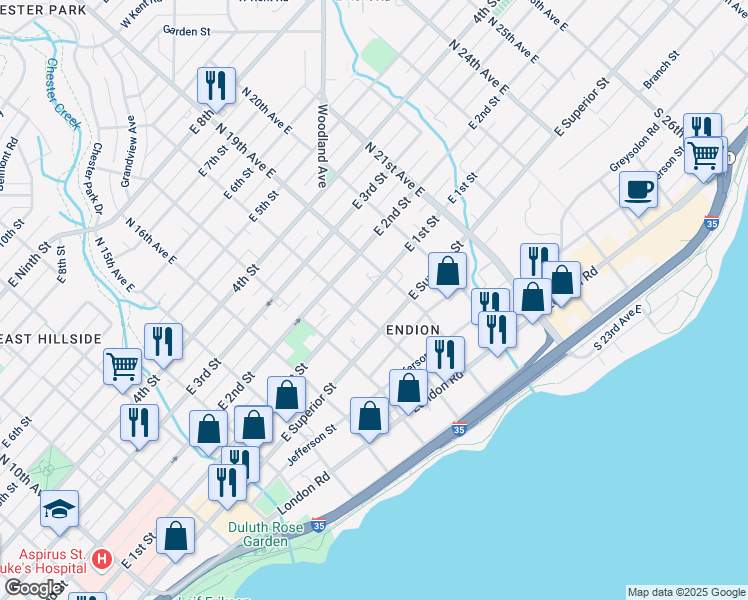 map of restaurants, bars, coffee shops, grocery stores, and more near 1729 East Superior Street in Duluth
